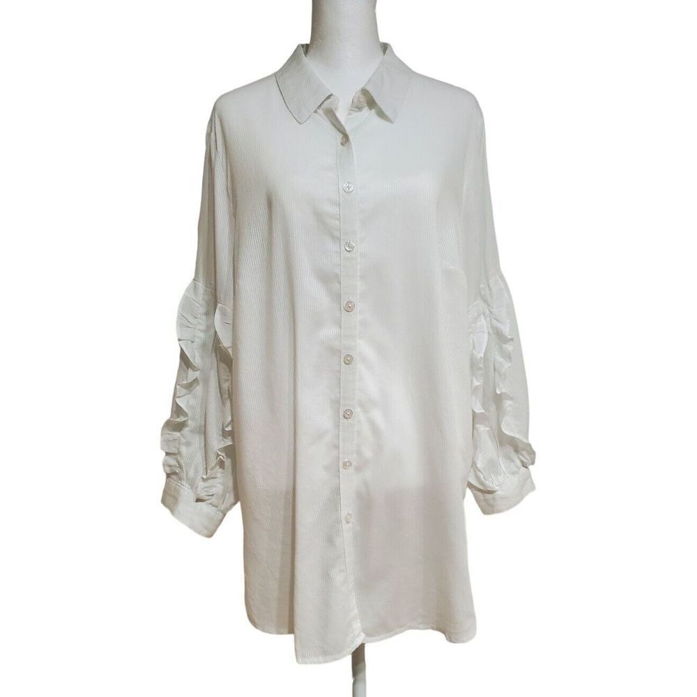 Maeve L White Striped Button Front Ruffle Sleeve Shirt Anthropologie
